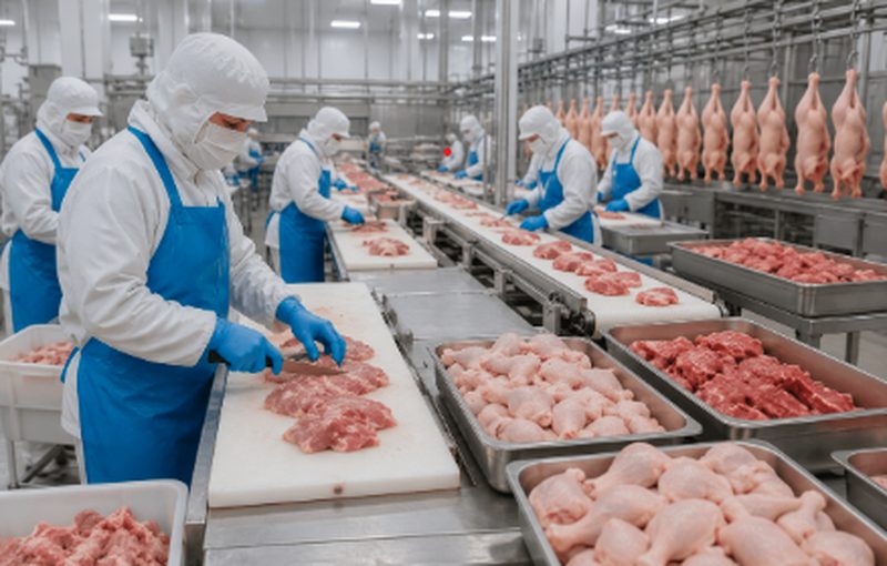 Workers in protective clothing portioning poultry on a food-processing line — FSSC 22000 Version 7 certification auditing in Bahrain