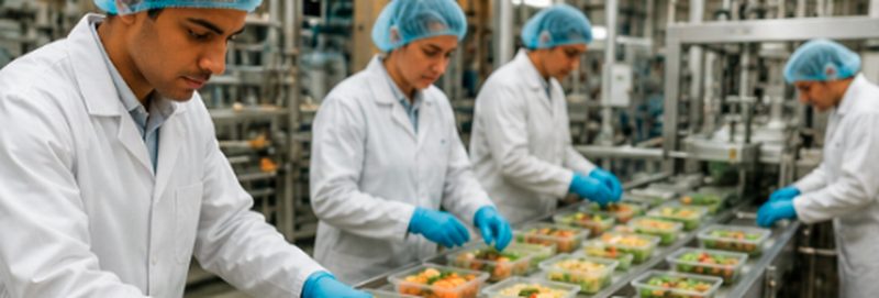 Food-production staff in lab coats and hairnets packing fresh produce into trays — controls checked during an FSSC 22000 Version 7 internal audit
