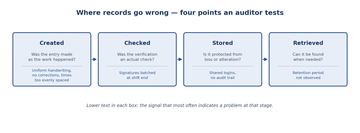Record lifecycle audit checkpoints — created, checked, stored, retrieved — with the signal that reveals a problem at each stage
