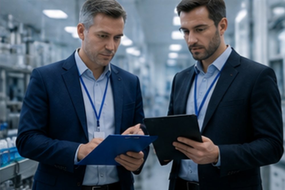 Internal auditors comparing interview notes against records during a cGMP audit at a manufacturing site in Kuwait