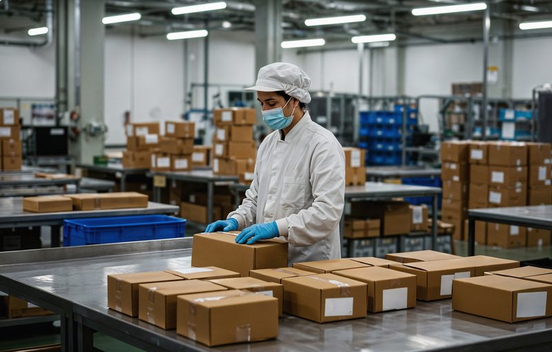 Food-production worker in hairnet, mask and gloves checking packed cartons on a factory line — FSSC 22000 Version 7 certification auditing in Qatar