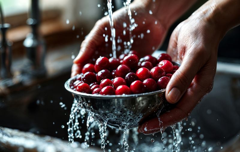 Hands rinsing fresh cranberries in a colander under running water — food safety management under FSSC 22000 Version 7
