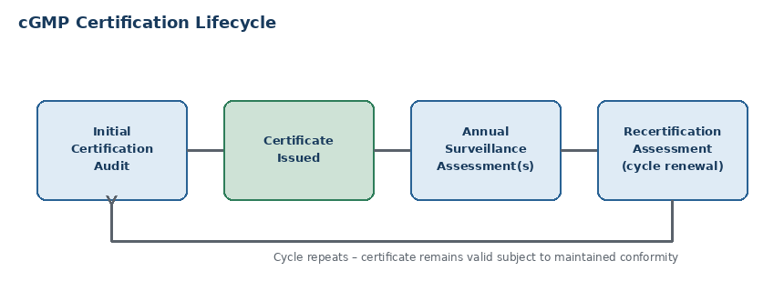 cGMP certification lifecycle for Saudi Arabia manufacturers — initial audit to recertification