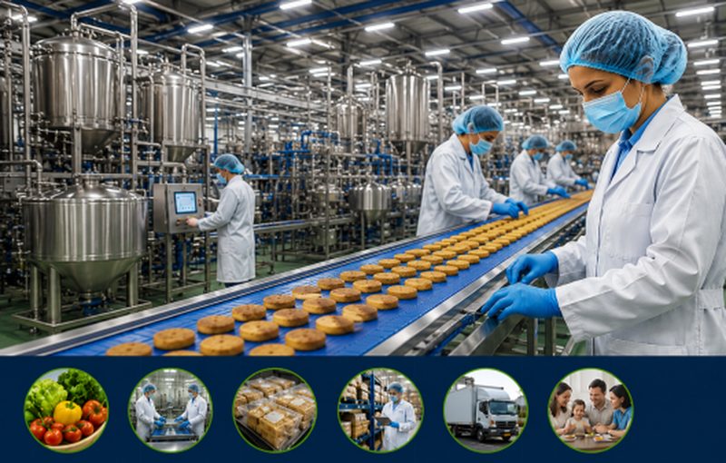 Food-factory line workers in hairnets and lab coats inspecting baked products on a conveyor — FSSC 22000 Version 7 certification auditing in Iraq
