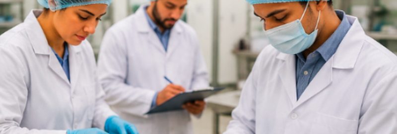 Food-safety staff in lab coats and hairnets recording checks on a clipboard in a production area — an FSSC 22000 Version 7 internal audit in progress
